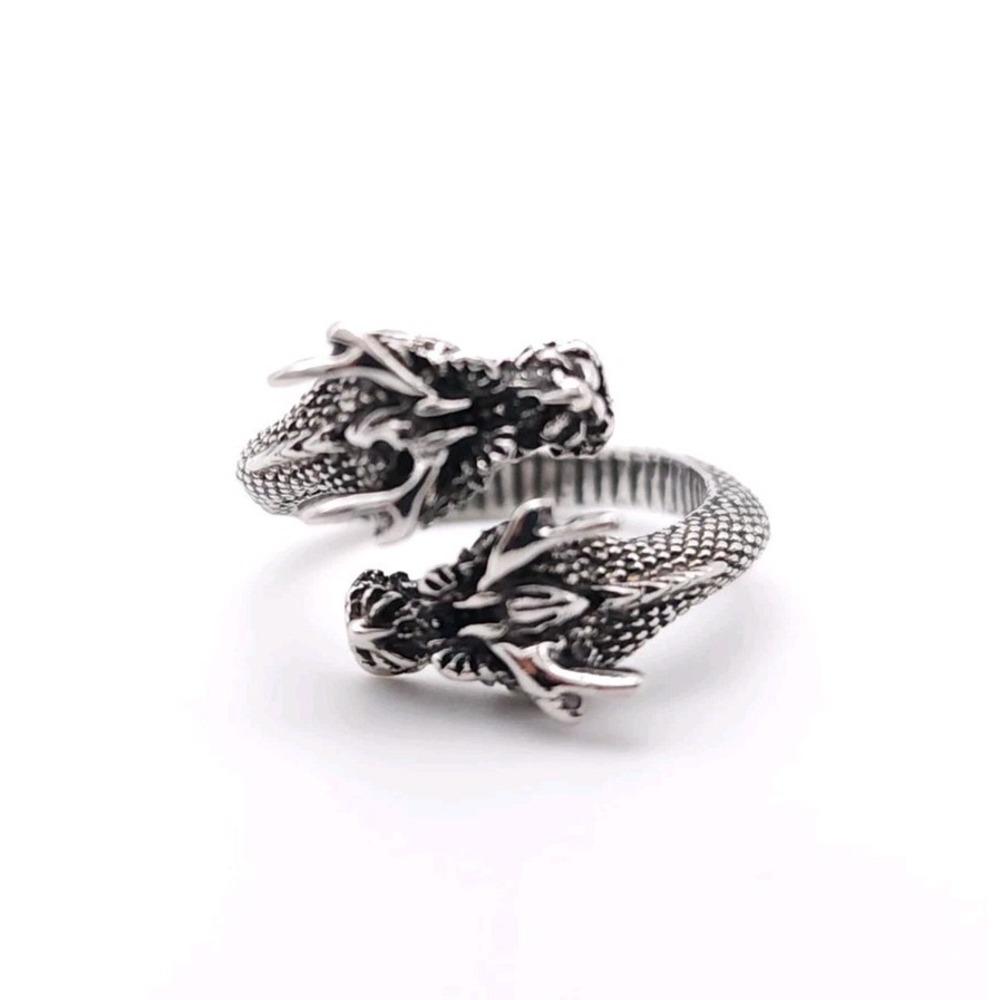 Dueling Dragon Head Ring Silver Plated Adjustable Fantasy Gothic Jewelry - Picture 3 of 9